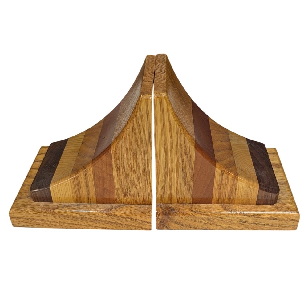 Wooden Bookends Unisex Brown Striped MCM Handcrafted Wood